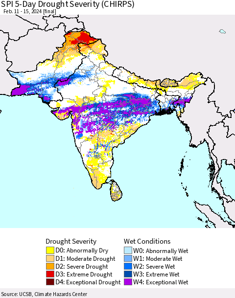 Southern Asia SPI 5-Day Drought Severity (CHIRPS) Thematic Map For 2/11/2024 - 2/15/2024