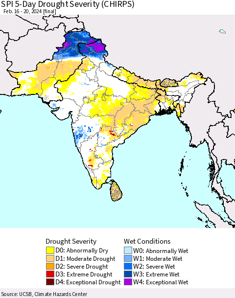 Southern Asia SPI 5-Day Drought Severity (CHIRPS) Thematic Map For 2/16/2024 - 2/20/2024
