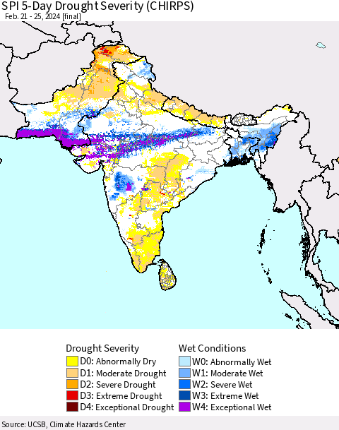 Southern Asia SPI 5-Day Drought Severity (CHIRPS) Thematic Map For 2/21/2024 - 2/25/2024