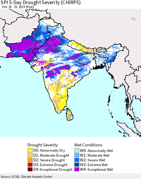 Southern Asia SPI 5-Day Drought Severity (CHIRPS) Thematic Map For 2/26/2024 - 2/29/2024