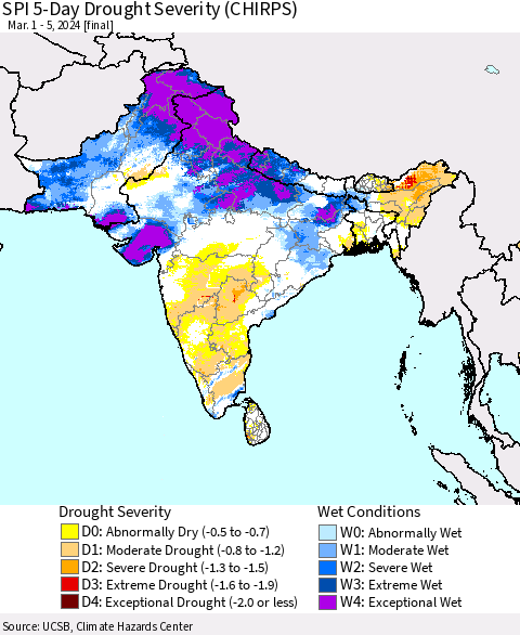 Southern Asia SPI 5-Day Drought Severity (CHIRPS) Thematic Map For 3/1/2024 - 3/5/2024