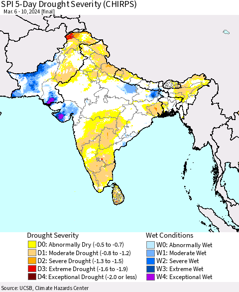 Southern Asia SPI 5-Day Drought Severity (CHIRPS) Thematic Map For 3/6/2024 - 3/10/2024