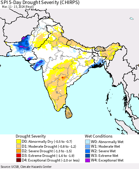 Southern Asia SPI 5-Day Drought Severity (CHIRPS) Thematic Map For 3/11/2024 - 3/15/2024
