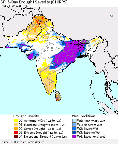 Southern Asia SPI 5-Day Drought Severity (CHIRPS) Thematic Map For 3/16/2024 - 3/20/2024