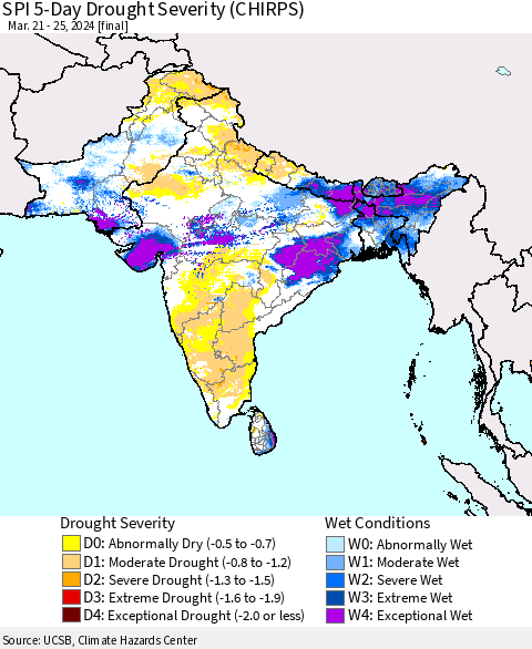 Southern Asia SPI 5-Day Drought Severity (CHIRPS) Thematic Map For 3/21/2024 - 3/25/2024