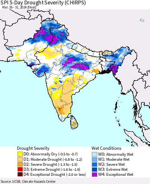 Southern Asia SPI 5-Day Drought Severity (CHIRPS) Thematic Map For 3/26/2024 - 3/31/2024