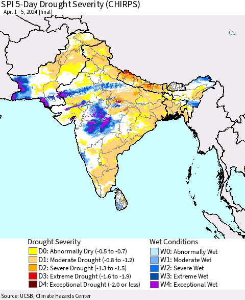 Southern Asia SPI 5-Day Drought Severity (CHIRPS) Thematic Map For 4/1/2024 - 4/5/2024