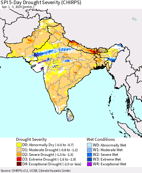 Southern Asia SPI 5-Day Drought Severity (CHIRPS) Thematic Map For 4/1/2024 - 4/5/2024