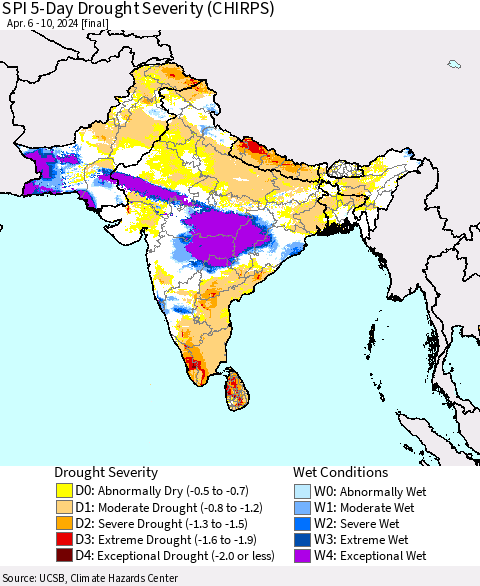 Southern Asia SPI 5-Day Drought Severity (CHIRPS) Thematic Map For 4/6/2024 - 4/10/2024
