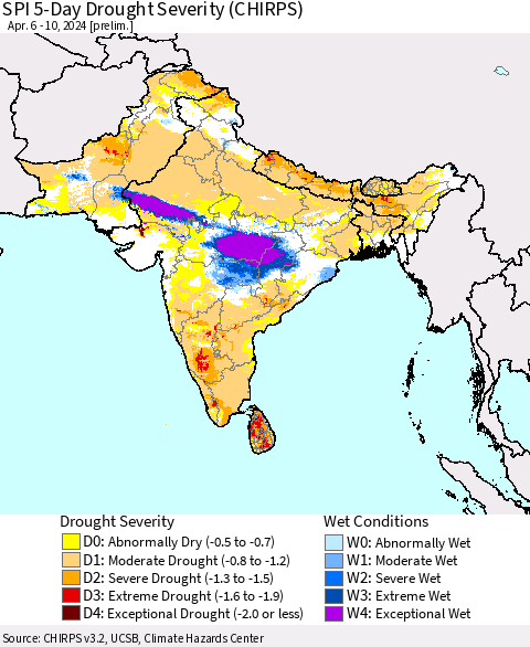 Southern Asia SPI 5-Day Drought Severity (CHIRPS) Thematic Map For 4/6/2024 - 4/10/2024