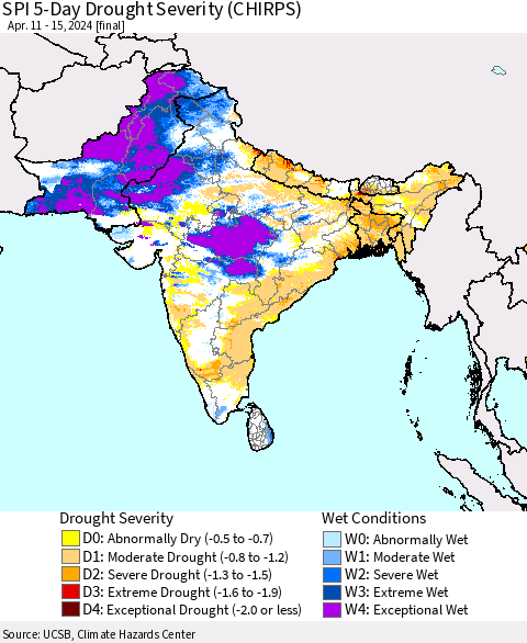 Southern Asia SPI 5-Day Drought Severity (CHIRPS) Thematic Map For 4/11/2024 - 4/15/2024