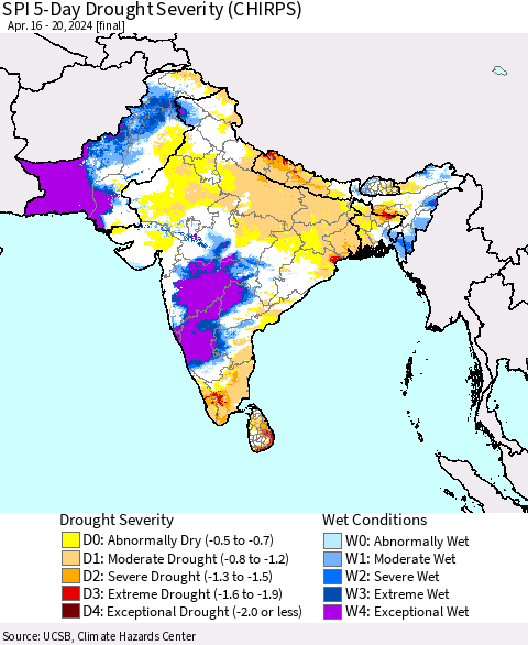 Southern Asia SPI 5-Day Drought Severity (CHIRPS) Thematic Map For 4/16/2024 - 4/20/2024