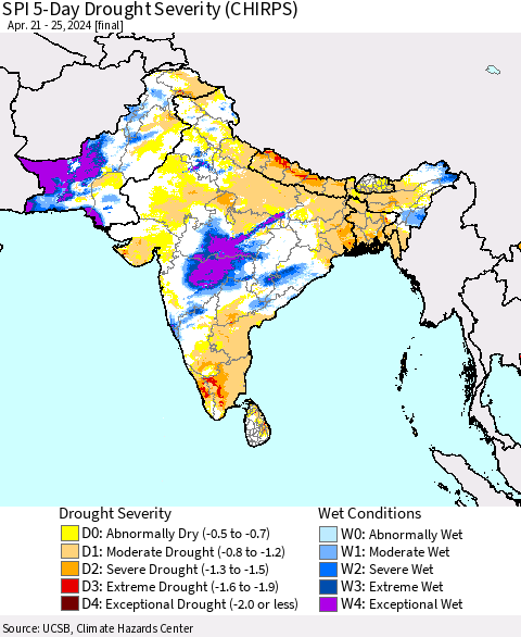 Southern Asia SPI 5-Day Drought Severity (CHIRPS) Thematic Map For 4/21/2024 - 4/25/2024
