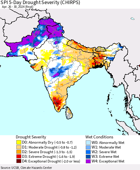 Southern Asia SPI 5-Day Drought Severity (CHIRPS) Thematic Map For 4/26/2024 - 4/30/2024