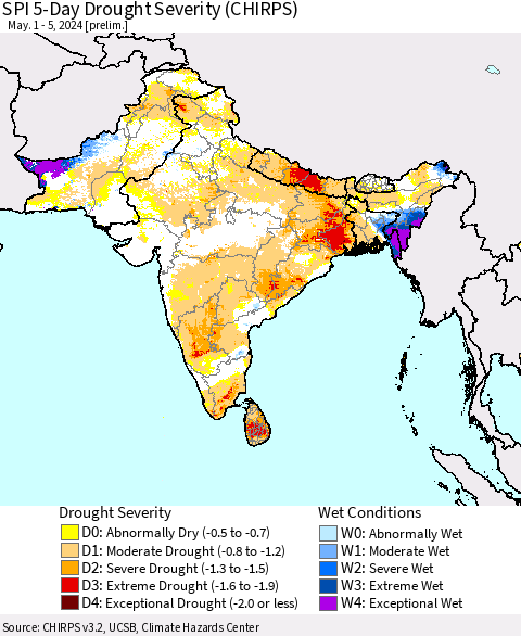 Southern Asia SPI 5-Day Drought Severity (CHIRPS) Thematic Map For 5/1/2024 - 5/5/2024