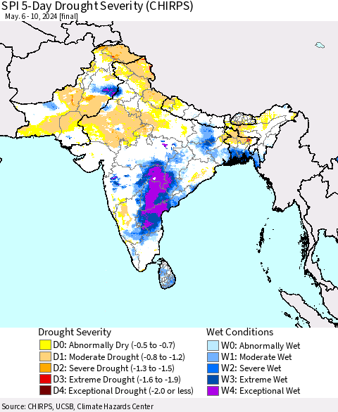 Southern Asia SPI 5-Day Drought Severity (CHIRPS) Thematic Map For 5/6/2024 - 5/10/2024