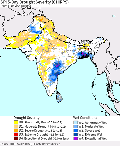 Southern Asia SPI 5-Day Drought Severity (CHIRPS) Thematic Map For 5/6/2024 - 5/10/2024