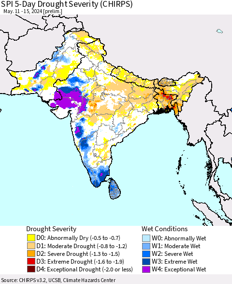 Southern Asia SPI 5-Day Drought Severity (CHIRPS) Thematic Map For 5/11/2024 - 5/15/2024