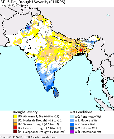 Southern Asia SPI 5-Day Drought Severity (CHIRPS) Thematic Map For 5/16/2024 - 5/20/2024