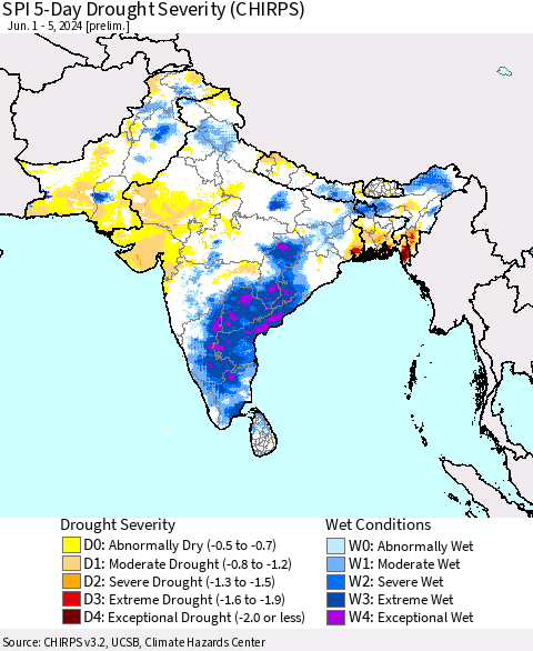 Southern Asia SPI 5-Day Drought Severity (CHIRPS) Thematic Map For 6/1/2024 - 6/5/2024