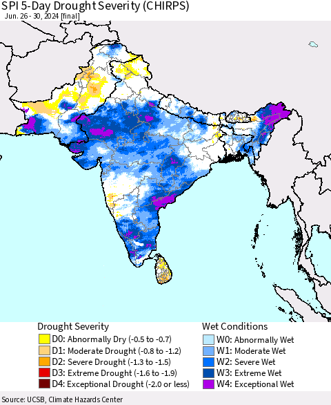 Southern Asia SPI 5-Day Drought Severity (CHIRPS) Thematic Map For 6/26/2024 - 6/30/2024