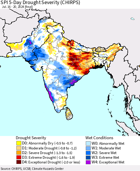 Southern Asia SPI 5-Day Drought Severity (CHIRPS) Thematic Map For 7/16/2024 - 7/20/2024