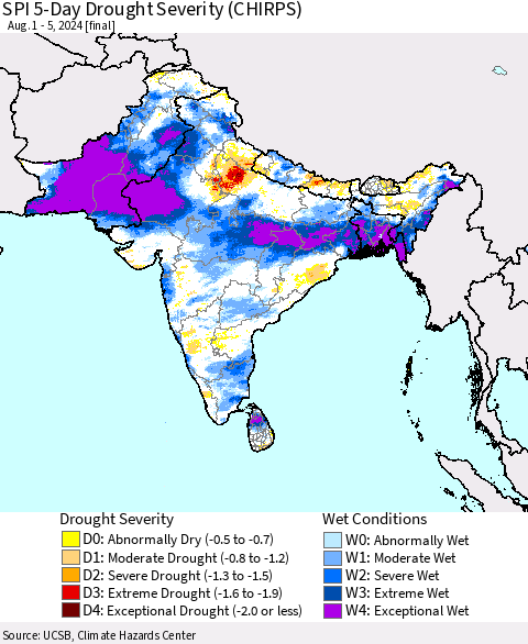 Southern Asia SPI 5-Day Drought Severity (CHIRPS) Thematic Map For 8/1/2024 - 8/5/2024