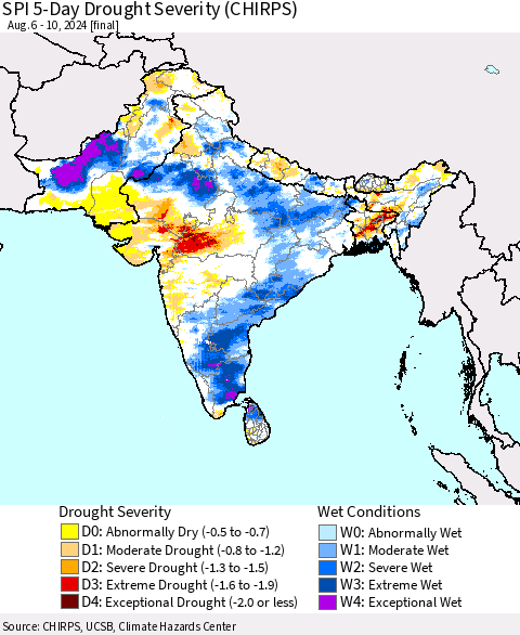 Southern Asia SPI 5-Day Drought Severity (CHIRPS) Thematic Map For 8/6/2024 - 8/10/2024