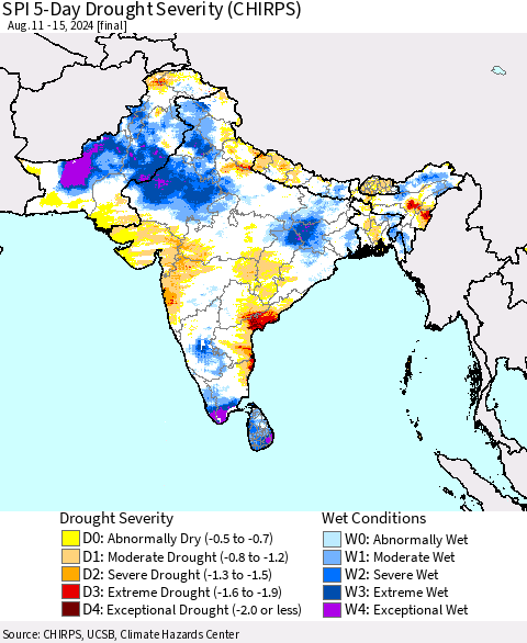 Southern Asia SPI 5-Day Drought Severity (CHIRPS) Thematic Map For 8/11/2024 - 8/15/2024