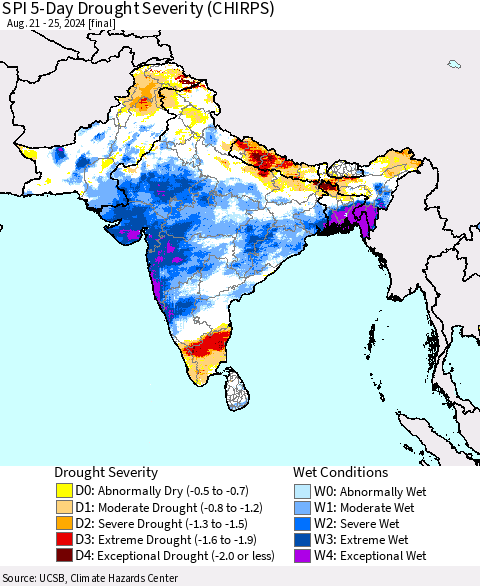 Southern Asia SPI 5-Day Drought Severity (CHIRPS) Thematic Map For 8/21/2024 - 8/25/2024