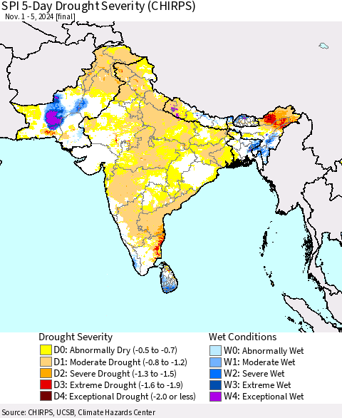 Southern Asia SPI 5-Day Drought Severity (CHIRPS) Thematic Map For 11/1/2024 - 11/5/2024
