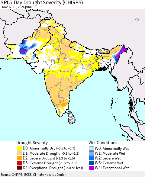 Southern Asia SPI 5-Day Drought Severity (CHIRPS) Thematic Map For 11/6/2024 - 11/10/2024