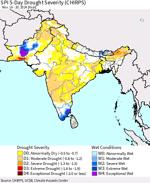 Southern Asia SPI 5-Day Drought Severity (CHIRPS) Thematic Map For 11/16/2024 - 11/20/2024