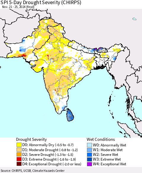 Southern Asia SPI 5-Day Drought Severity (CHIRPS) Thematic Map For 11/21/2024 - 11/25/2024