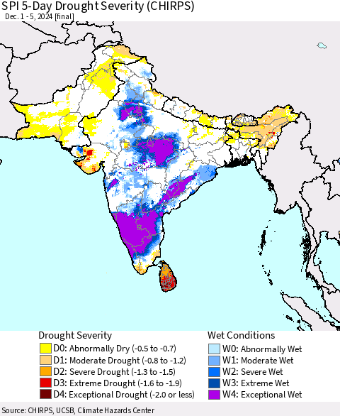 Southern Asia SPI 5-Day Drought Severity (CHIRPS) Thematic Map For 12/1/2024 - 12/5/2024