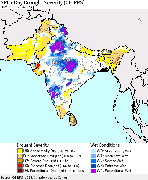 Southern Asia SPI 5-Day Drought Severity (CHIRPS) Thematic Map For 12/6/2024 - 12/10/2024