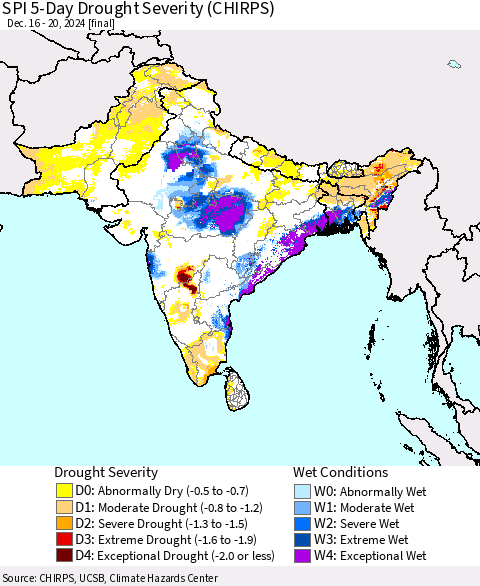 Southern Asia SPI 5-Day Drought Severity (CHIRPS) Thematic Map For 12/16/2024 - 12/20/2024