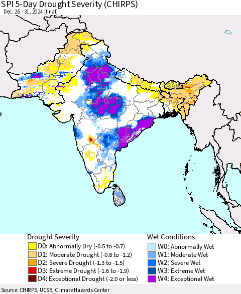 Southern Asia SPI 5-Day Drought Severity (CHIRPS) Thematic Map For 12/26/2024 - 12/31/2024