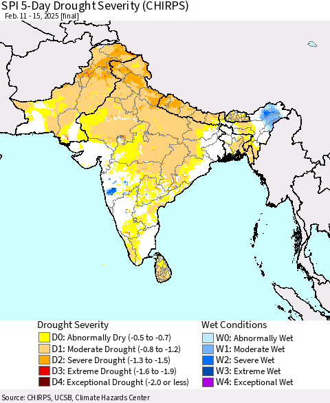 Southern Asia SPI 5-Day Drought Severity (CHIRPS) Thematic Map For 2/11/2025 - 2/15/2025
