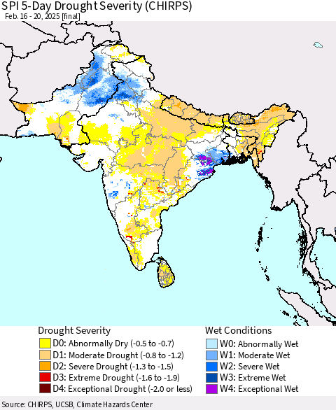 Southern Asia SPI 5-Day Drought Severity (CHIRPS) Thematic Map For 2/16/2025 - 2/20/2025