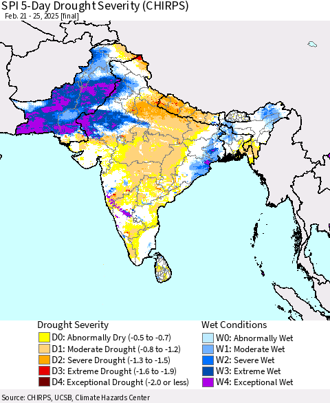 Southern Asia SPI 5-Day Drought Severity (CHIRPS) Thematic Map For 2/21/2025 - 2/25/2025