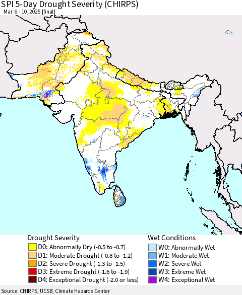 Southern Asia SPI 5-Day Drought Severity (CHIRPS) Thematic Map For 3/6/2025 - 3/10/2025