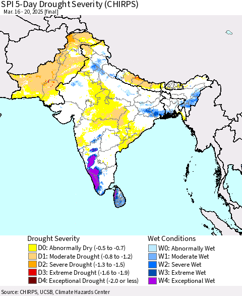 Southern Asia SPI 5-Day Drought Severity (CHIRPS) Thematic Map For 3/16/2025 - 3/20/2025