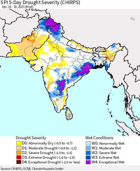 Southern Asia SPI 5-Day Drought Severity (CHIRPS) Thematic Map For 4/16/2025 - 4/20/2025