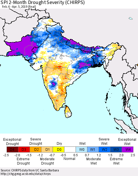 Southern Asia SPI 2-Month Drought Severity (CHIRPS) Thematic Map For 2/6/2019 - 4/5/2019
