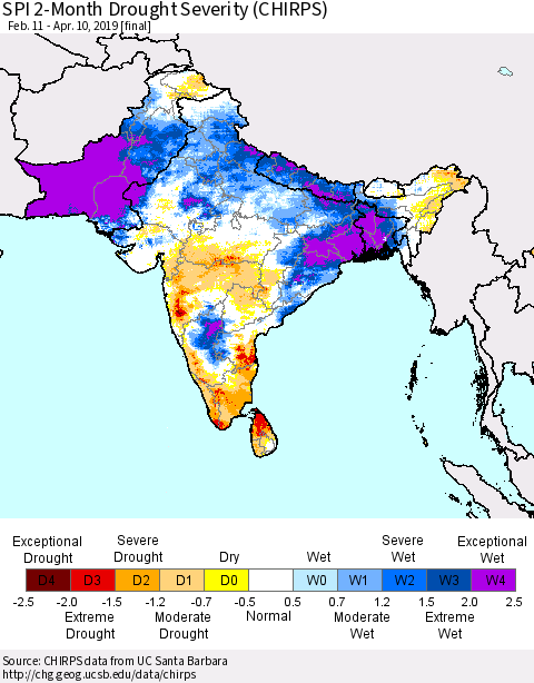 Southern Asia SPI 2-Month Drought Severity (CHIRPS) Thematic Map For 2/11/2019 - 4/10/2019