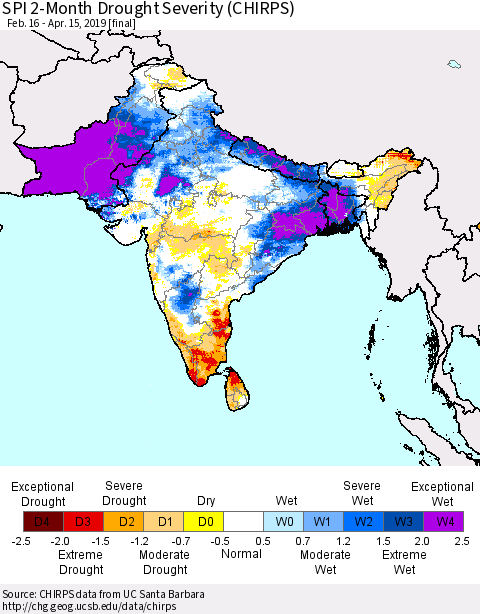 Southern Asia SPI 2-Month Drought Severity (CHIRPS) Thematic Map For 2/16/2019 - 4/15/2019