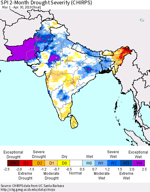 Southern Asia SPI 2-Month Drought Severity (CHIRPS) Thematic Map For 3/1/2019 - 4/30/2019