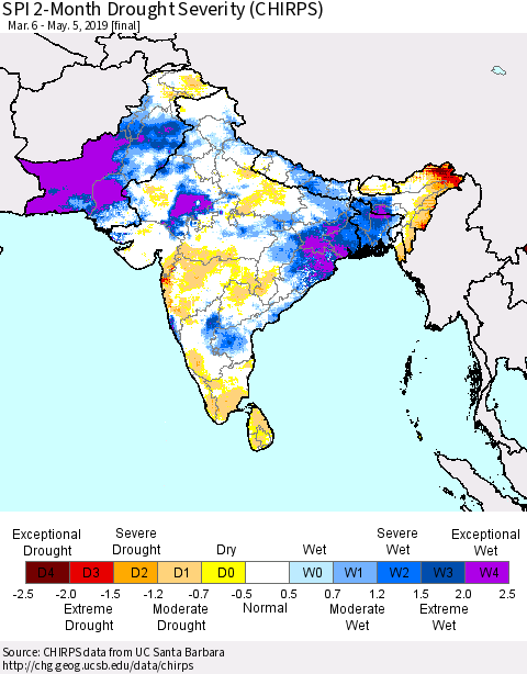 Southern Asia SPI 2-Month Drought Severity (CHIRPS) Thematic Map For 3/6/2019 - 5/5/2019