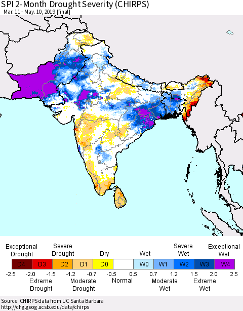Southern Asia SPI 2-Month Drought Severity (CHIRPS) Thematic Map For 3/11/2019 - 5/10/2019